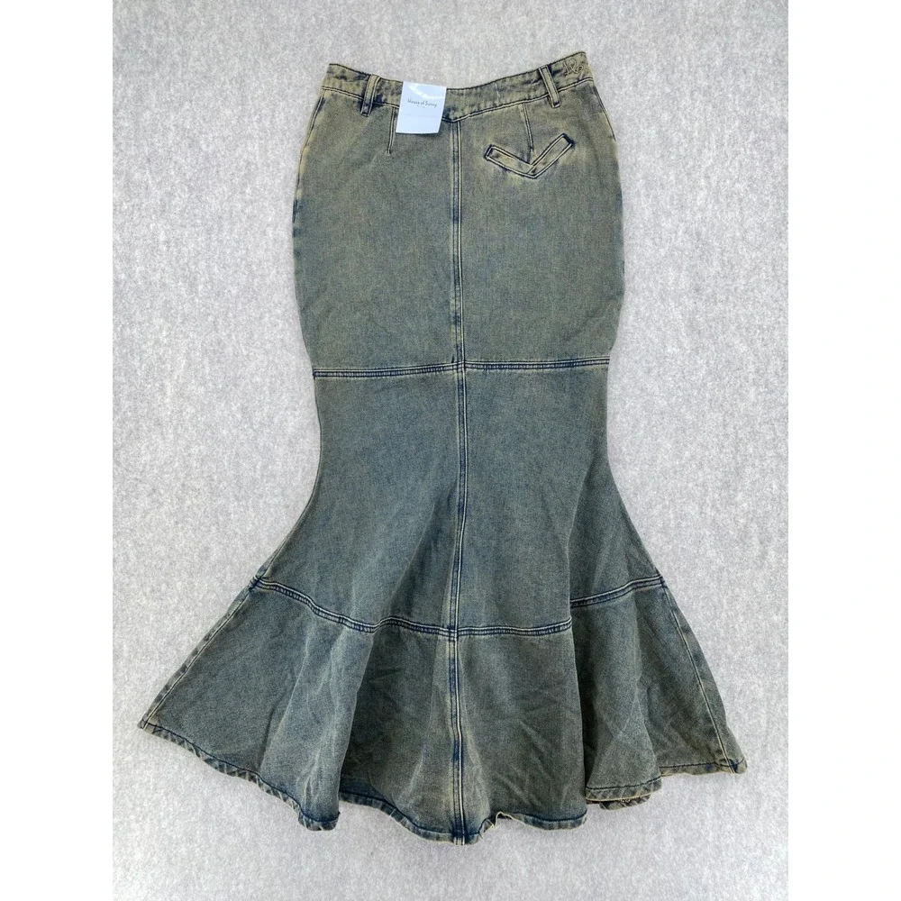 House of Sunny Law of Attraction Denim Mermaid Skirt Acid Wash Yellow Blue Maxi